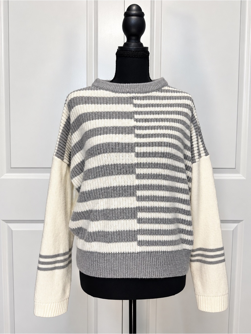 Catherine Malandrino Gray and Cream Striped Crewneck Sweater